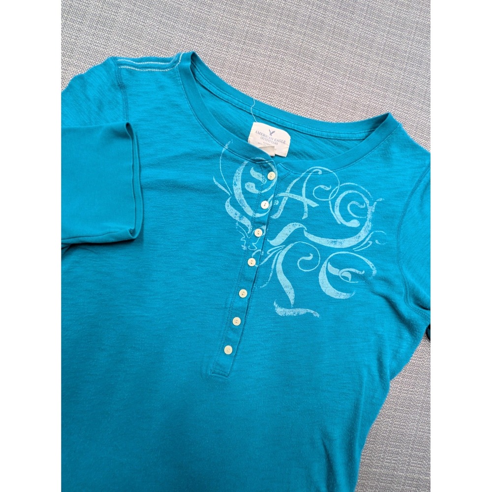 American Eagle Outfitters Shirt Womens XL Blue Henley Graphic Short Sleeve Top